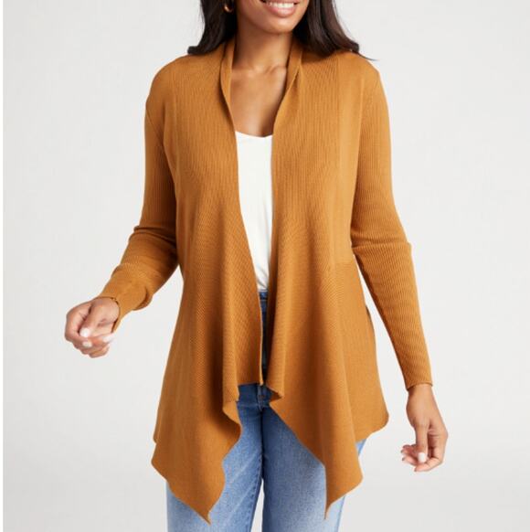 Dreamers Sweaters - DREAMERS Waterfall Cardigan Sweater Open Front Ribbed-Knit Mustard Yellow Size L